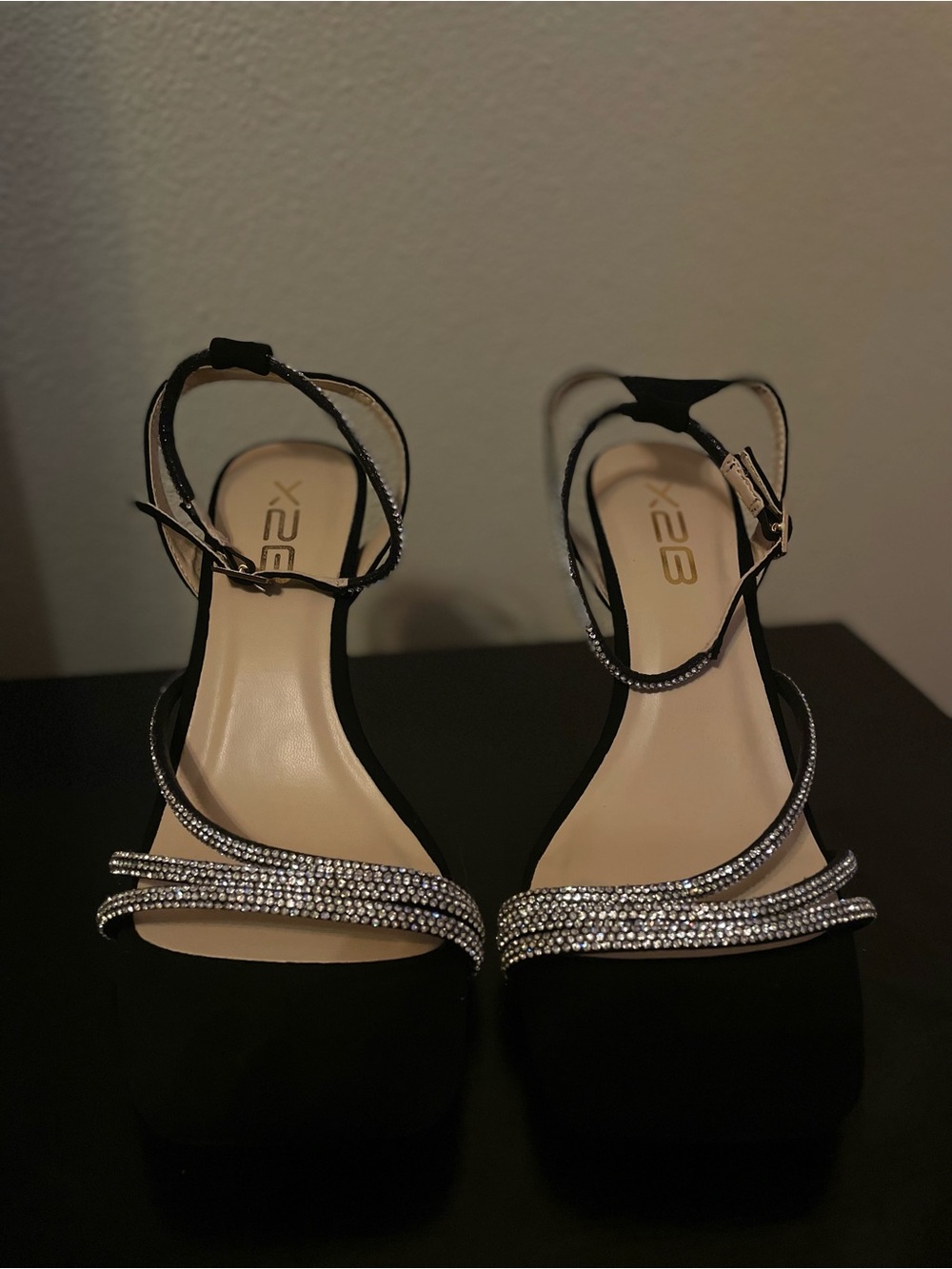 X2 Black Rhinestone Strappy Block-Heel Sandals